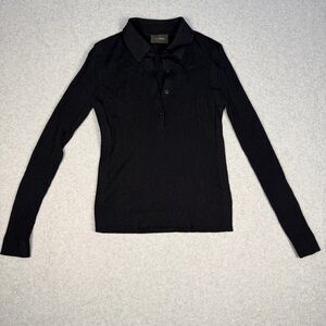 St. John Black Ribbed Long-Sleeve Button-Down Polo